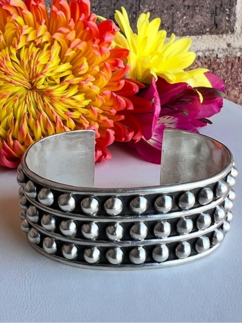 Taxco Sterling Silver 3 Row Ball Cuff Bracelet